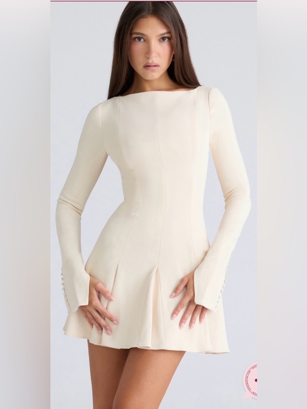 Elegant Cream Long-Sleeve Fit-and-Flare Dress